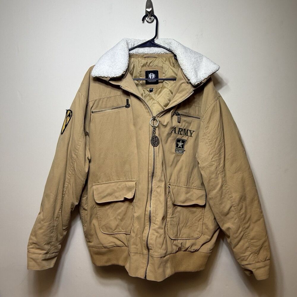 Bradford Exchange Mens Tan Bomber Jacket XL Zip Lined Embroidered Logo Army - Picture 2 of 11
